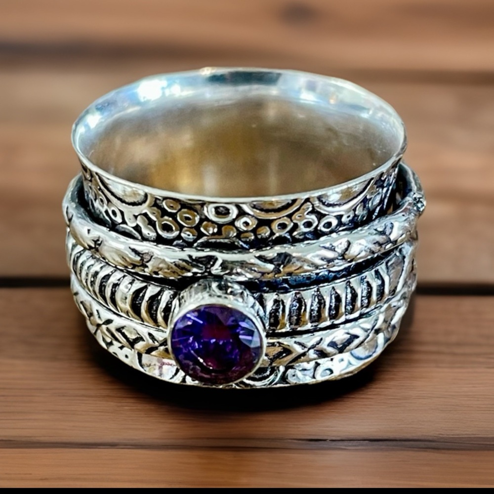 Silver & Amethyst Gemstone Spinner Meditation Fidget Ring 7.5